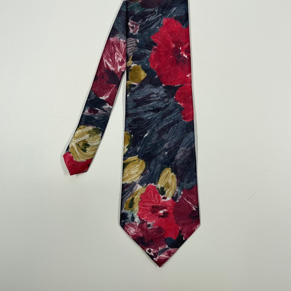 Domani Red Floral Painterly Print Vintage Style Necktie Mens OS